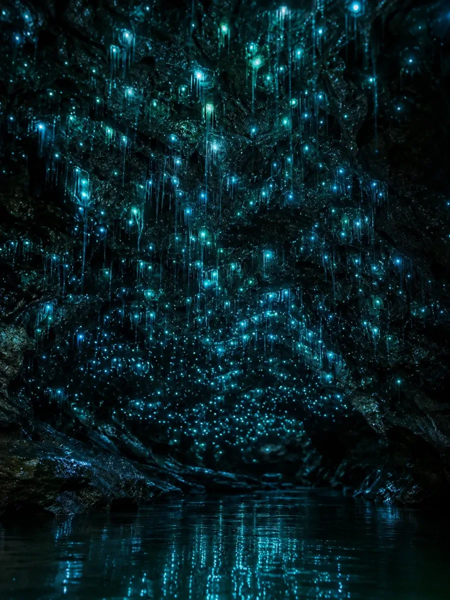 Vermi luminosi che brillano di blu-verde su un soffitto buio di grotta, con i loro fili di seta che pendono sotto